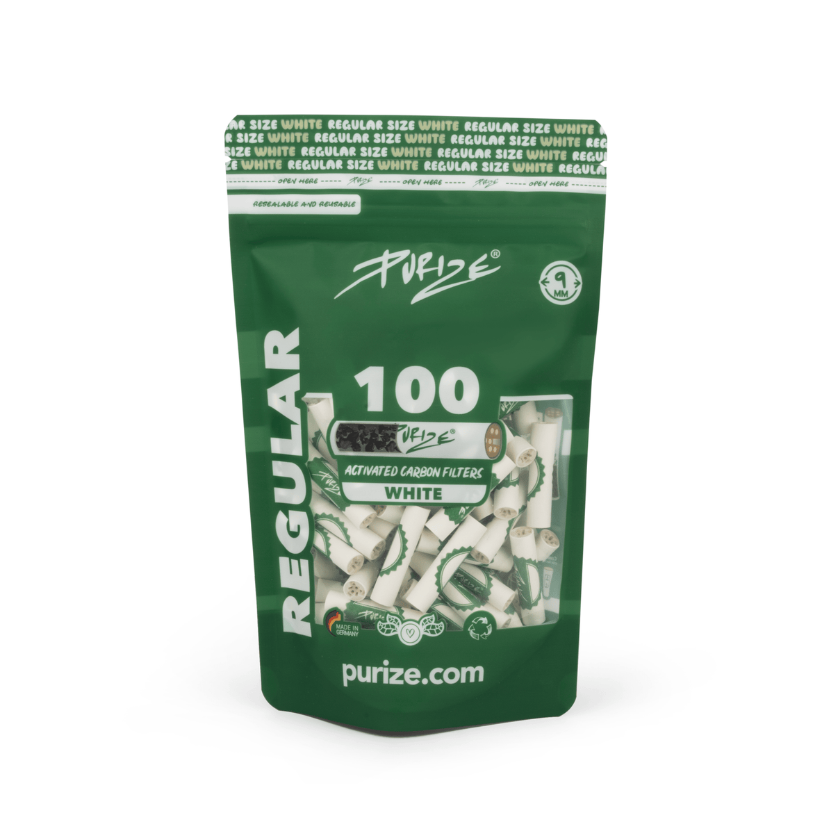 100 PURIZE® Regular Size -aktivhiilisuodatinta tyylikkäässä uudelleensuljettavassa pakkauksessa, jossa näkyy suodattimen molemmat keraamiset päät.