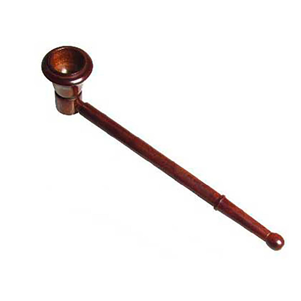 Kuva näyttää edestä päin käsin veistetyn, ruskean Rosewood puupiipun, jossa on tyylikäs ja luonnollinen ruusupuun syykuvio. Piipun suuosa ja pesäosa erottuvat selvästi, ja valo heijastuu kauniisti puun pinnasta.