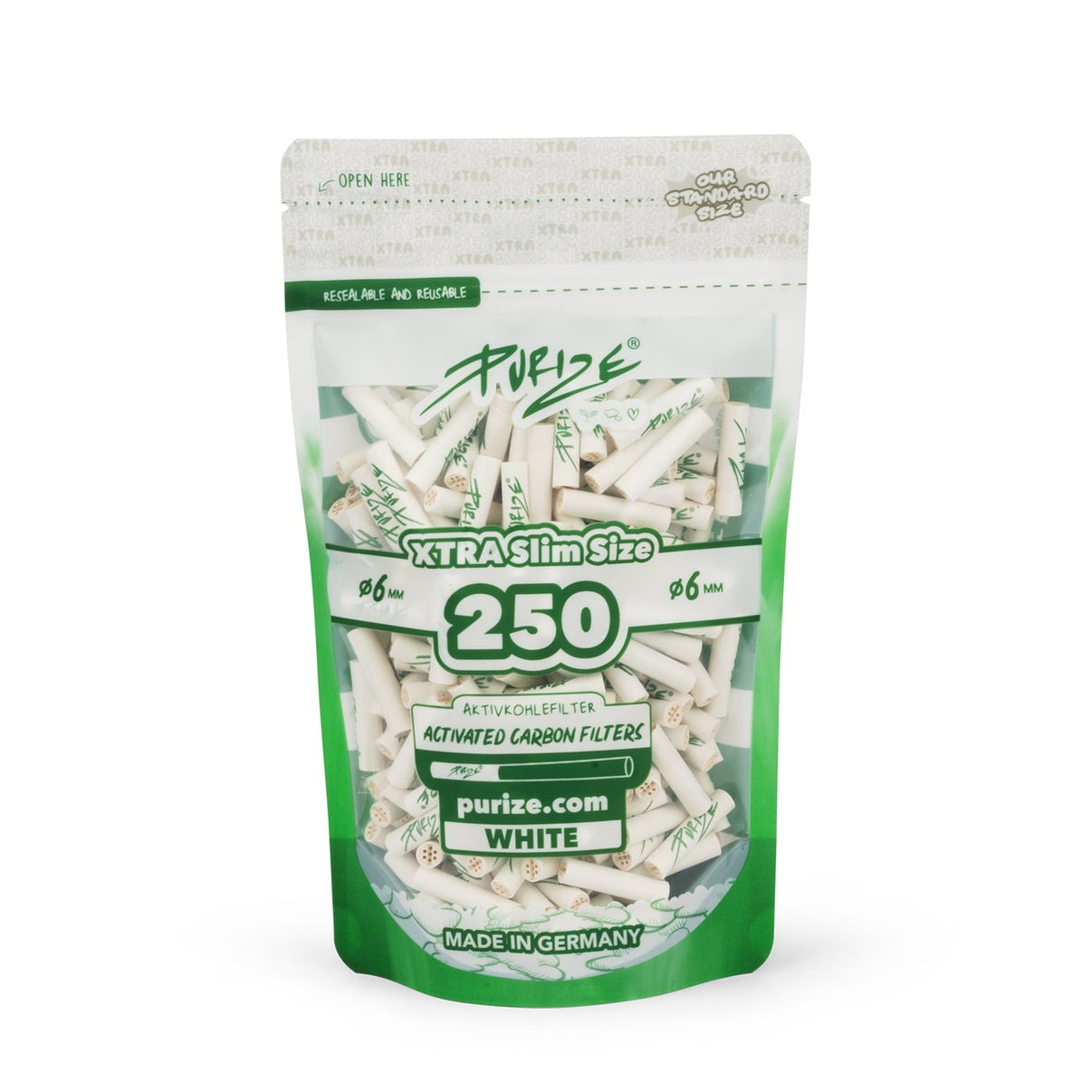 Kuva PURIZE® XTRA Slim aktiivihiilisuodattimien 250 kappaleen suurpakkauksesta, jossa näkyy tiivis pakkaus ja suodattimia brändin logolla.