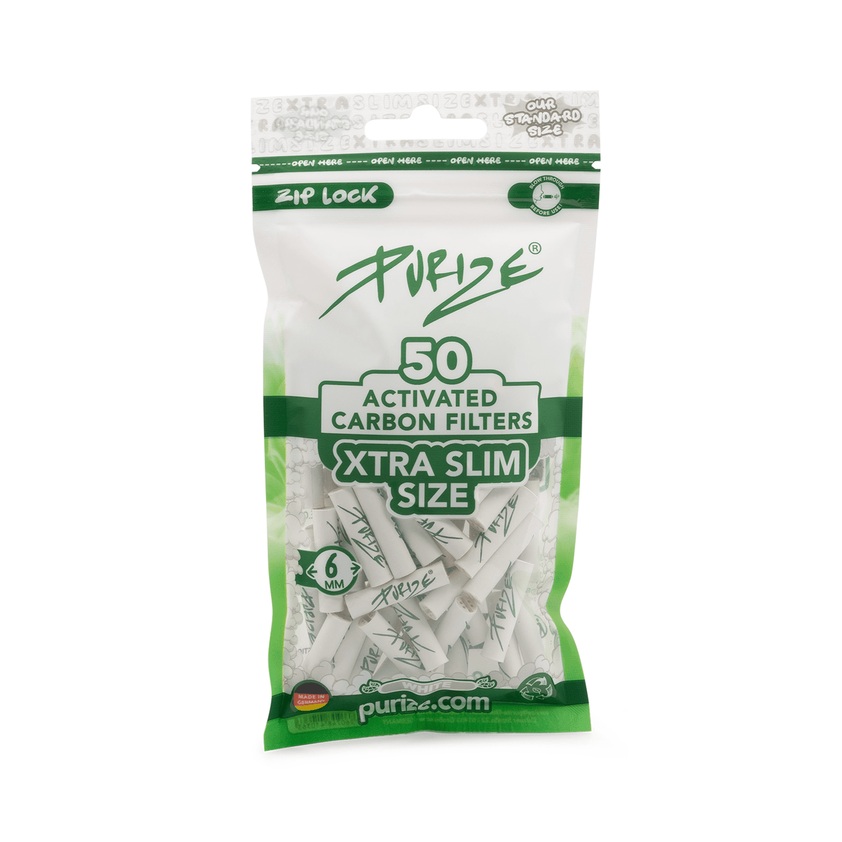 PURIZE XTRA Slim Size 6mm aktiivihiilisuodattimet 50 kappaleen pussissa, kuvassa näkyy suodattimien keraamiset päät ja ohut rakenne modernilla valkoisella taustalla.