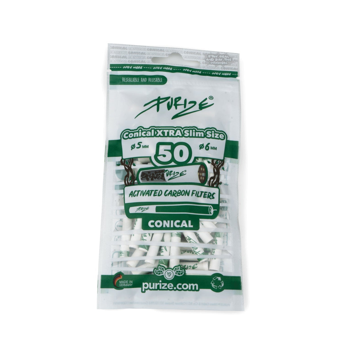 PURIZE® XTRA Slim Size Conical aktiivihiilifiltterit 50 kappaleen pakkauksessa, kartiomainen muotoilu helpottamassa cone-savukkeiden käärimistä.