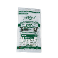 PURIZE® XTRA Slim Size Conical aktiivihiilifiltterit 50 kappaleen pakkauksessa, kartiomainen muotoilu helpottamassa cone-savukkeiden käärimistä.