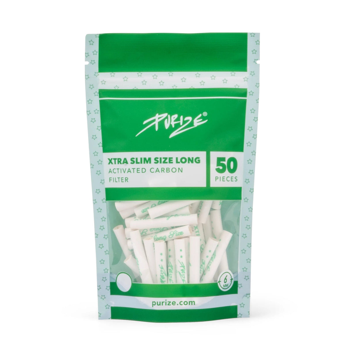 Kuva PURIZE® XTRA Slim Size Long -aktiivihiilisuodattimien 50 kappaleen valkoisesta pakkauksesta, esitellen suodattimien tyylikkään ulkoasun.