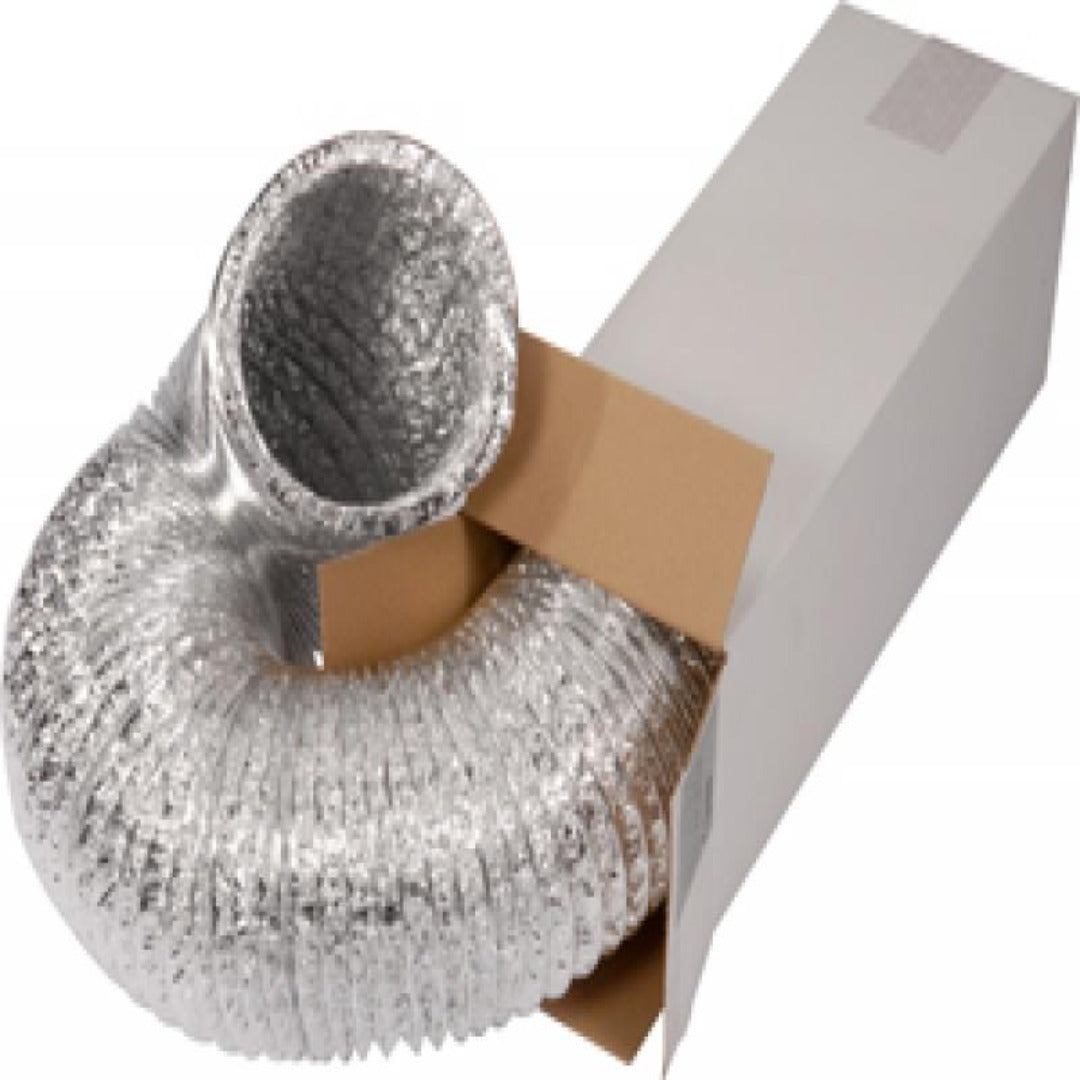 Kuva: Kiiltävä, hopeanvärinen 150mm halkaisijan alumiiniputki, pituus 1m, aseteltuna tyylikkäästi valkoiselle taustalle.