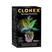 Clonex Juurrutusgeeli 50ml -pullo ja vihreitä, hyvin juurtuneita pistokkaita kasvatusalustassa