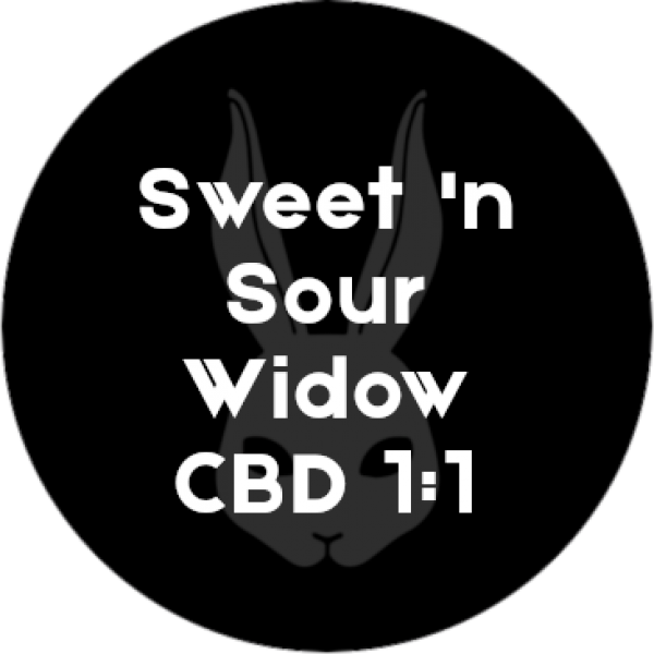 Lähikuva Sweet N Sour Widow CBD 1:1 Reg -kannabiskukinnosta, jossa näkyy runsaasti trikomeja ja oransseja emiä - Kaninkolo