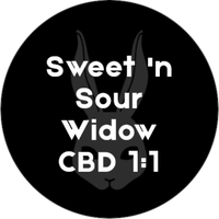 Lähikuva Sweet N Sour Widow CBD 1:1 Reg -kannabiskukinnosta, jossa näkyy runsaasti trikomeja ja oransseja emiä - Kaninkolo