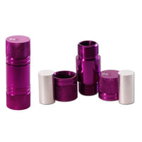 Vaaleanpunainen Black Leaf Pollen Press S -siitepölypuristin anodisoidusta alumiinista, valmiina puristamaan kiefiä tiiviiksi palaksi.