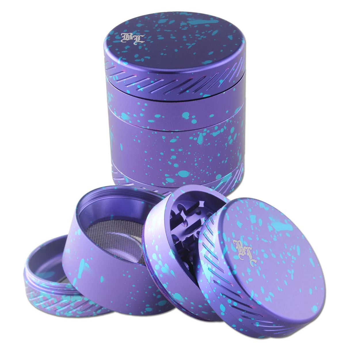 Black Leaf Crown 4 violetti alumiinigrinderi, jossa on kruunukuviointi kannessa ja terävät hampaat yrttien hienontamiseen.