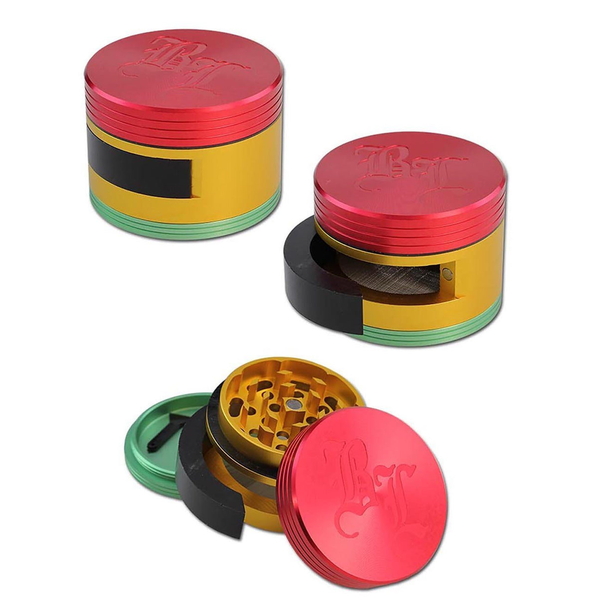 Hopeanvärinen Black Leaf DOOOR alumiinigrinderi 3-osaisena, jonka sivulla oleva luukku (door) on auki, paljastaen valmiiksi jauhetun yrtin.