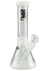 Black Leaf Flask Bong White -lasibongi kirkkaasta borosilikaattilasista, valkoisella Black Leaf -logolla ja vakaalla pullomaisella pohjalla.