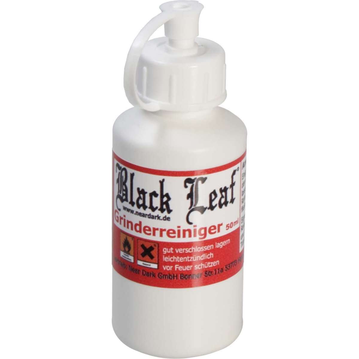 Black Leaf Grinder cleaner -pullon kuva, jossa musta pullo sinisellä etikettiä ja valkoisella tekstillä.