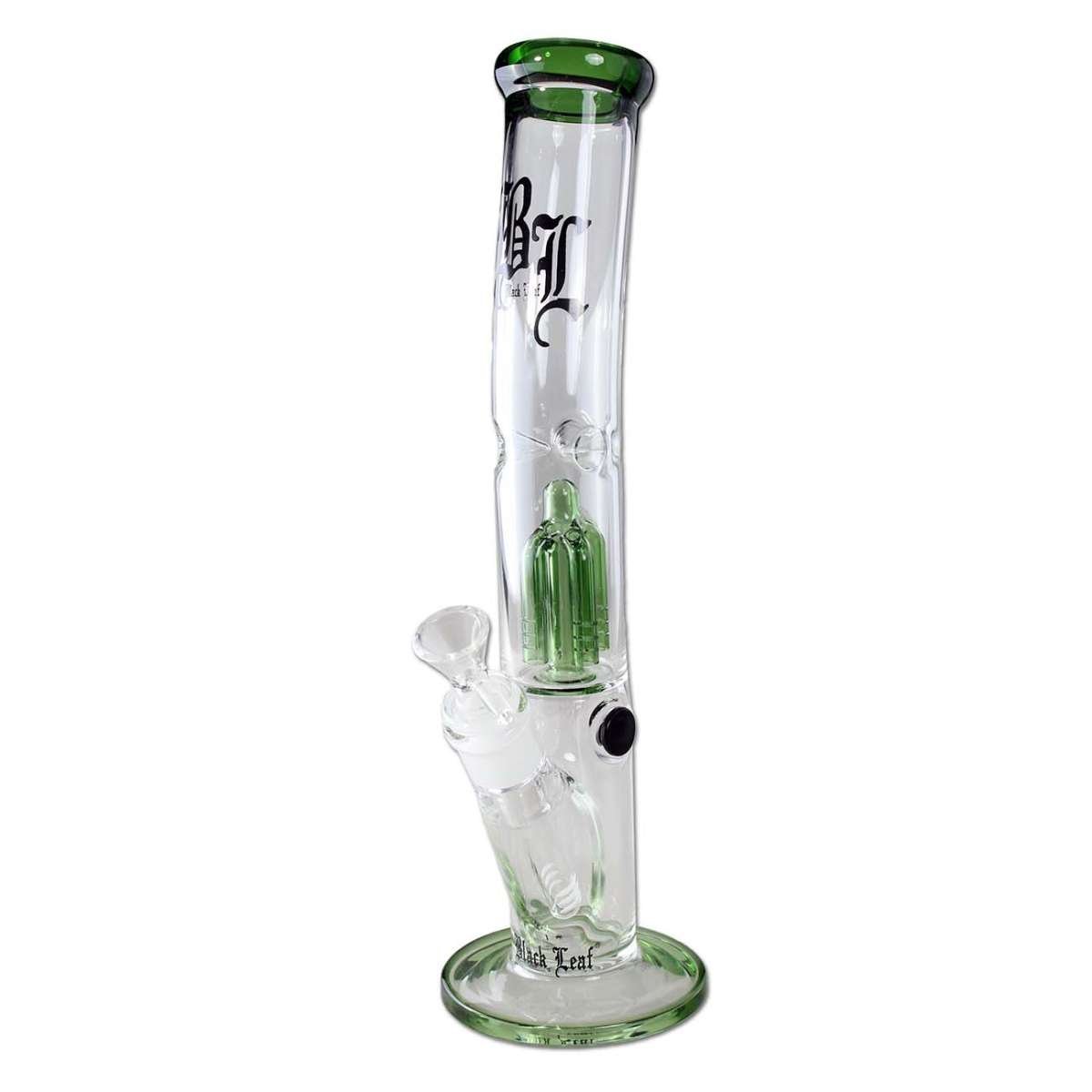 Black Leaf Ice Bong vaaleanvihreällä lasilla, integroidulla perkolaattorilla, jääpidikkeillä ja tukevalla pyöreällä jalalla. Näkyvissä hienostunut lasityö.