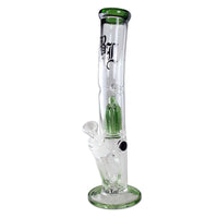 Black Leaf Ice Bong vaaleanvihreällä lasilla, integroidulla perkolaattorilla, jääpidikkeillä ja tukevalla pyöreällä jalalla. Näkyvissä hienostunut lasityö.