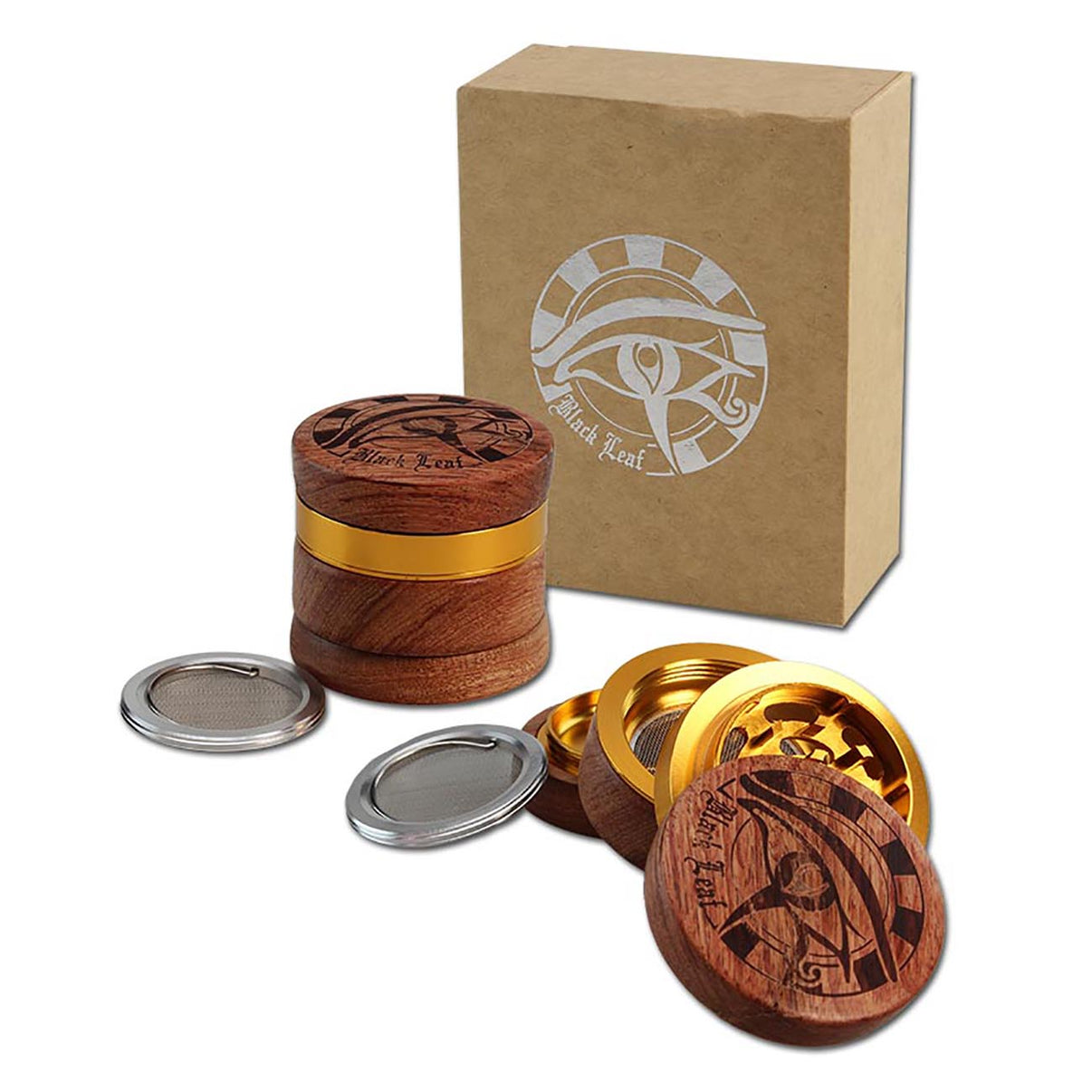 Black Leaf Egypt neliosainen alumiini- ja puumylly, jossa egyptiläisiä kaiverruksia kannessa ja rungossa. Myllyssä on terävät hampaat, siivilä ja keräyskammio.