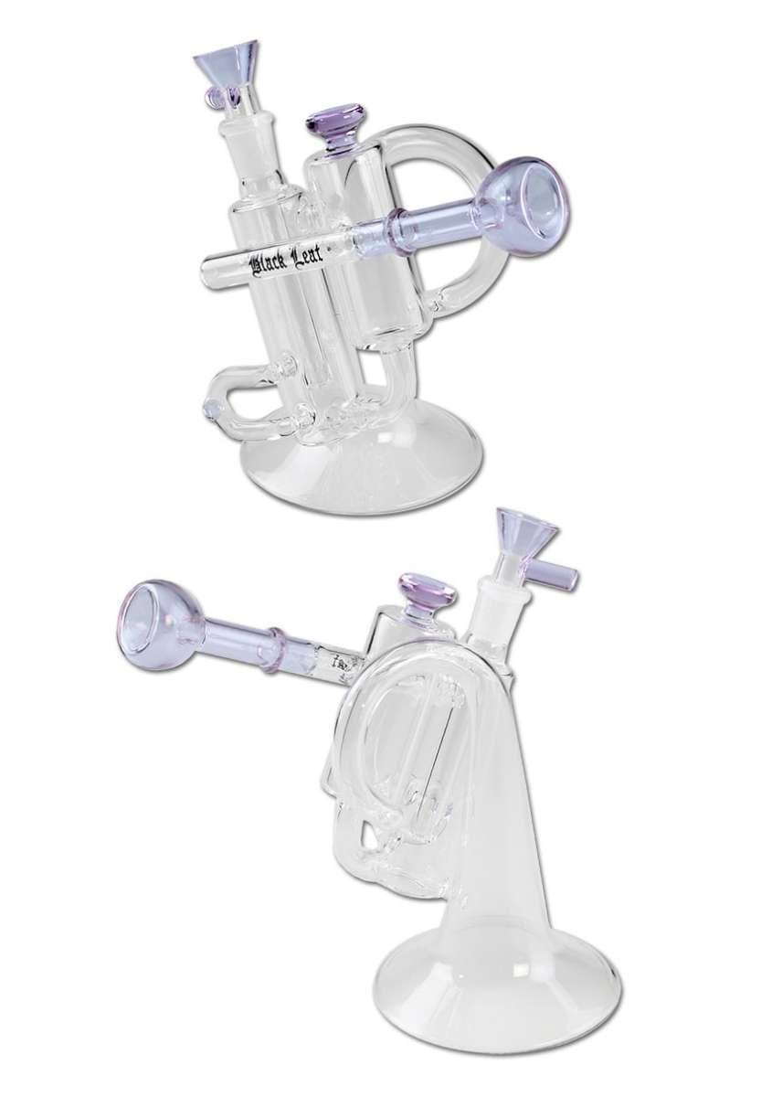 Violetti Black Leaf Trumpet Recycler -lasipiippu elegantilla muotoilulla ja tehokkaalla vesisuodatuksella.