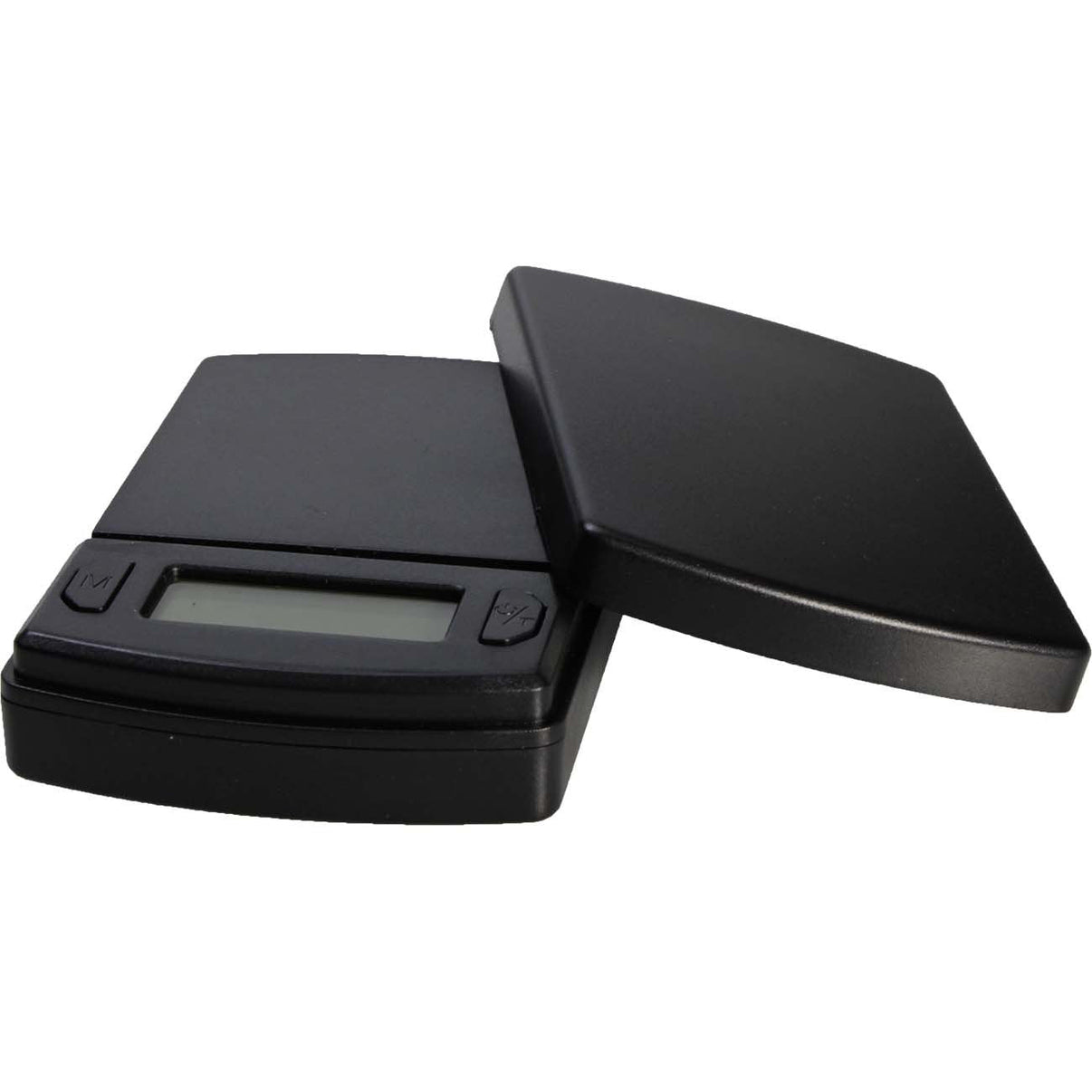 Musta Black Leaf digitaalinen taskuvaaka, malli 500g/0.1g, ruostumattomasta teräksestä valmistetulla punnitusalustalla ja sinisellä taustavalaistulla LCD-näytöllä. Esillä kannettava ja tarkka mittauslaite.