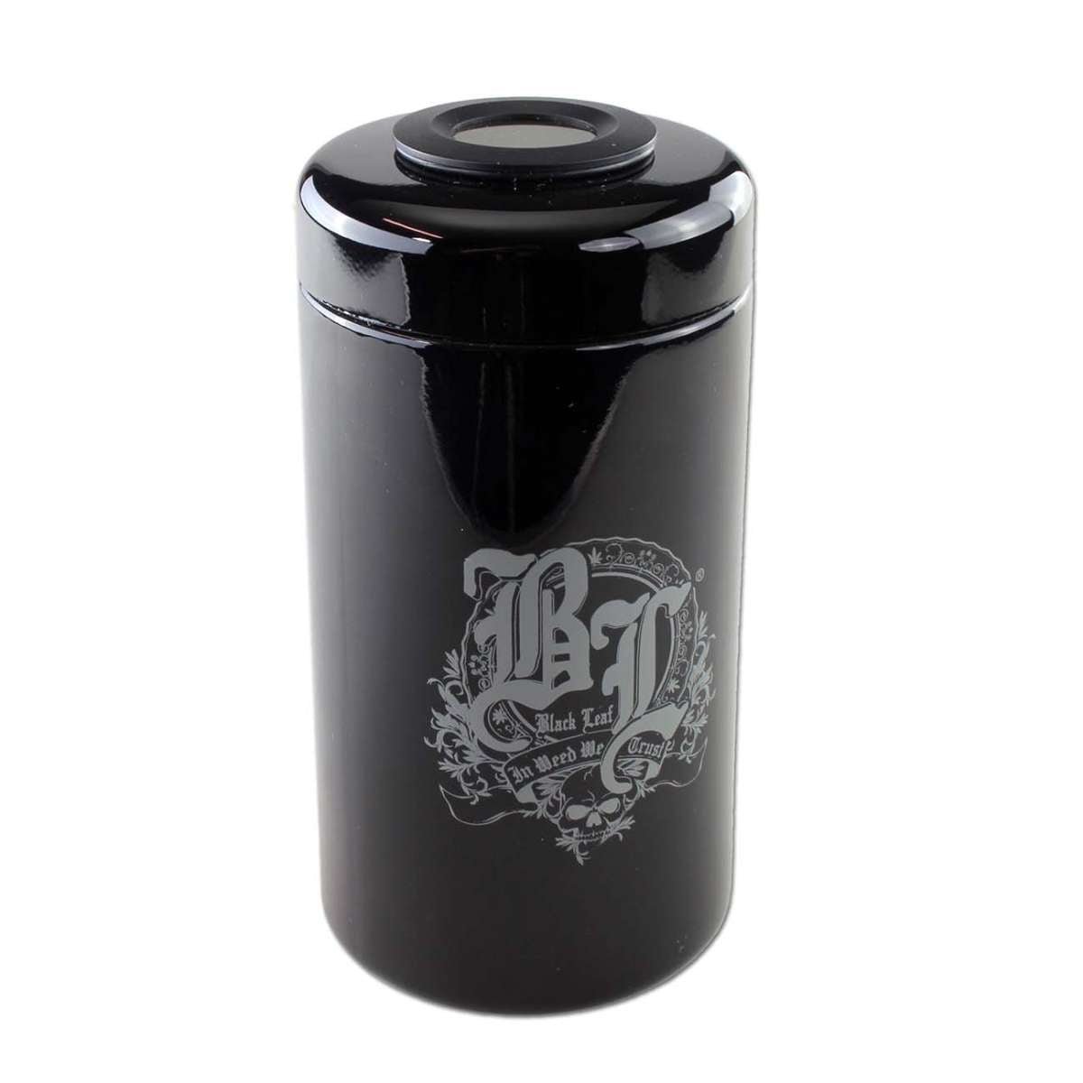 Black Leaf Violet Glass jar 500ml, jossa integroitu lämpömittari ja kosteusmittari kannessa. Purkki on tummanviolettia lasia.