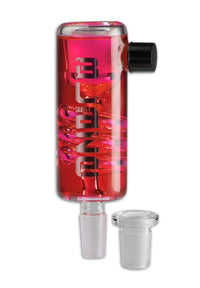 BLAZE Spiral Pre-Cooler -lasinen esijäähdytin sinisellä jäähdytysnesteellä ja spiraalirakenteella, valmiina kiinnitettäväksi bongiisi.