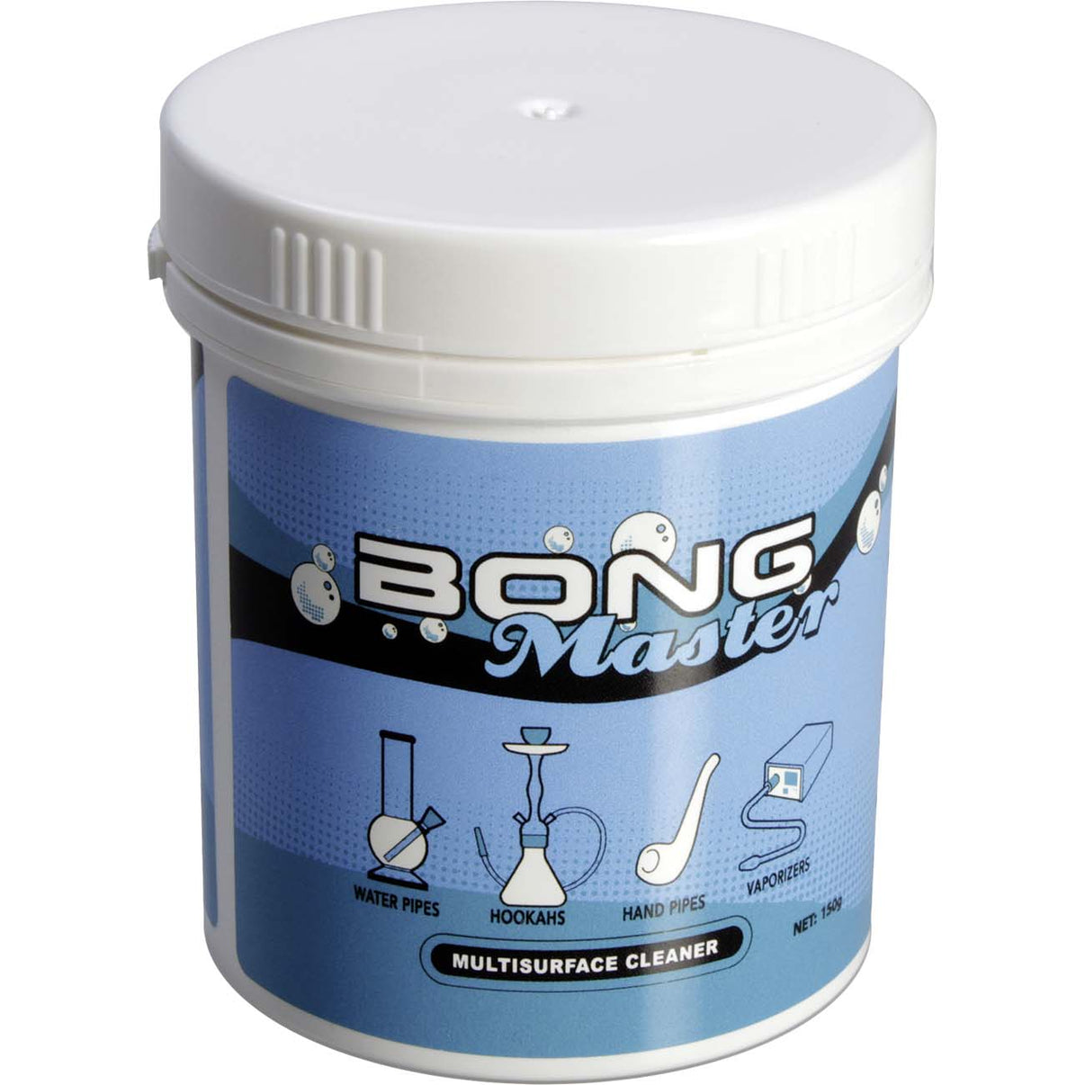 Bong Master Cleaner 150g -puhdistusaineen pakkauksesta otettu kuva, jossa näkyy rakeinen jauhe ja sen puhdistama kiiltävä lasibongi taustalla.