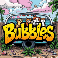 Kuva Bubbles Autoflower FEM -kasvista, jossa näkyy tiheät kukinnot ja rehevä lehdistö aurinkoisessa ulkoympäristössä.