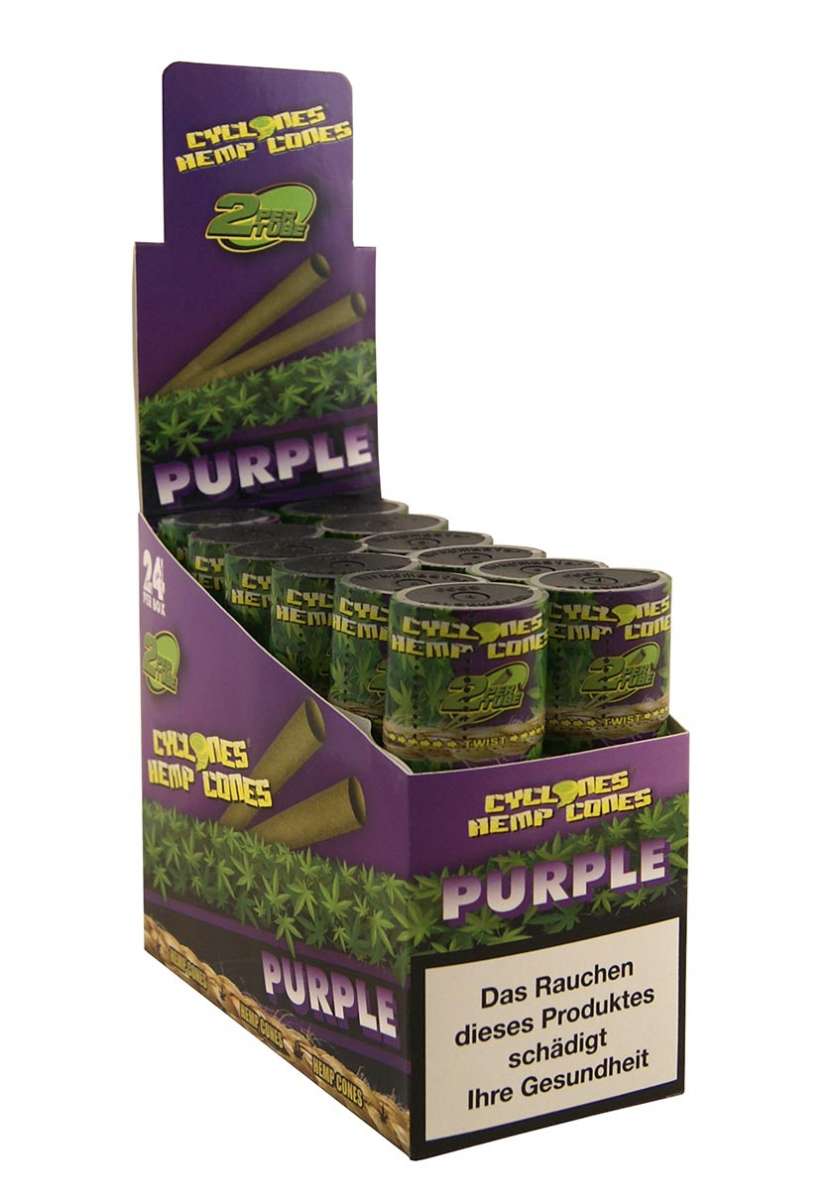 Kuva CYCLONE Hemp Cone Purple -hamppukartiosta, valmiiksi rullattuna ja pakkauksessaan. Sen rikas purppura sävy viittaa Purple-makuun ja vaivattomaan käyttöön.