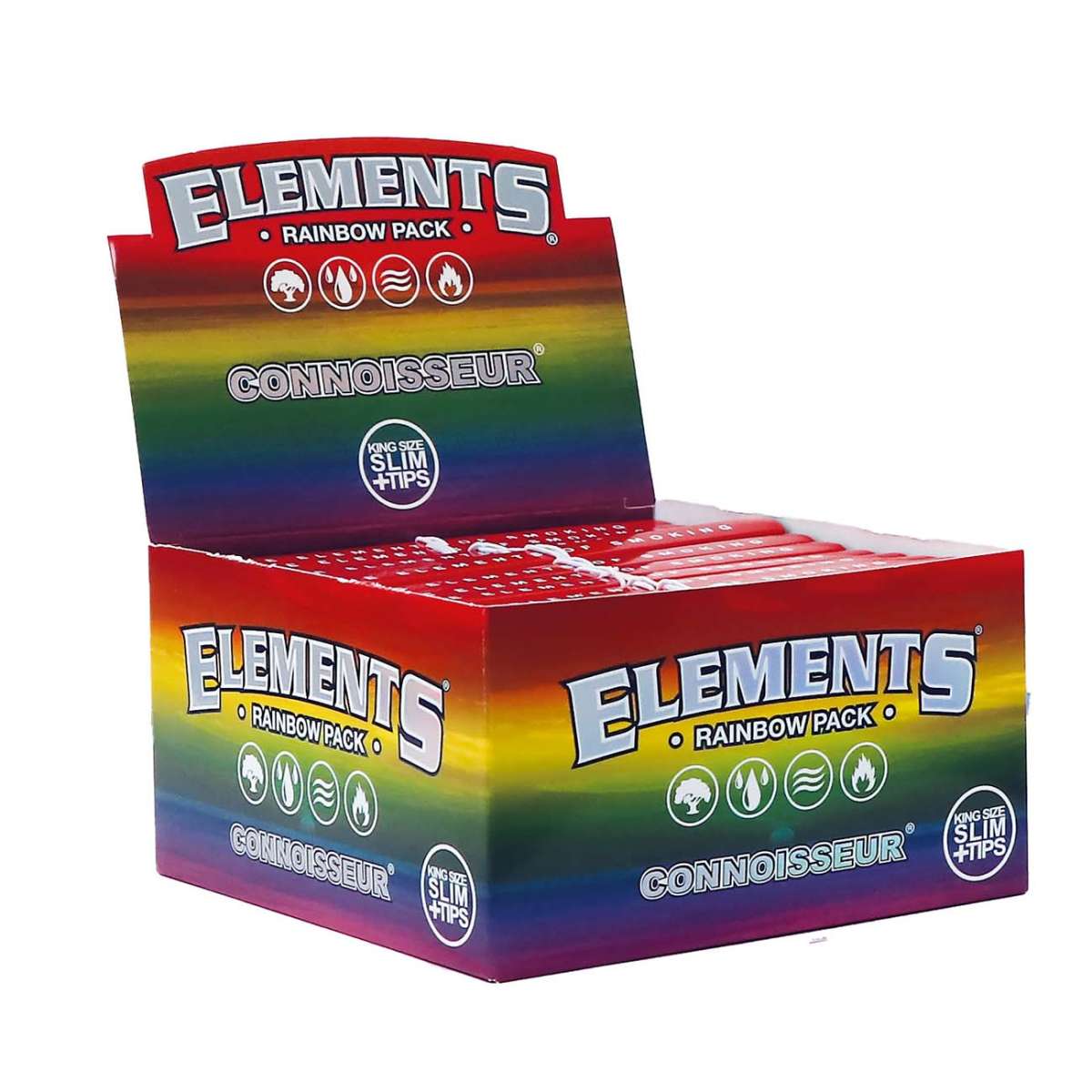 Elements Rainbow Connoisseur King Size -rullapaperit ja filtterit samassa värikkäässä, sateenkaarenvärisessä pakkauksessa. Laadukas riisipaperi ja pahvitipit.
