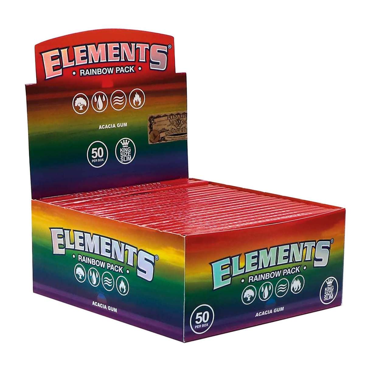 Läjä ELEMENTS RAINBOW Hemp Papers KS Slim -rullauspapereita, joissa on kirkkaat sateenkaaren värit ja valmistettu luonnollisesta hampusta. Tuotekuva otettu vaalealla taustalla.