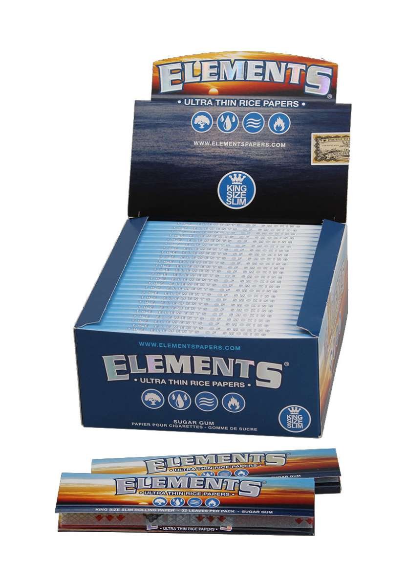 Kuva Elements Rice Papers King Size Slim Ultra Thin -rullauspapereista, joissa on tunnusomainen sininen Elements-logo ja tunnusomainen riisipaperin ulkoasu pakkauksen ympärillä.