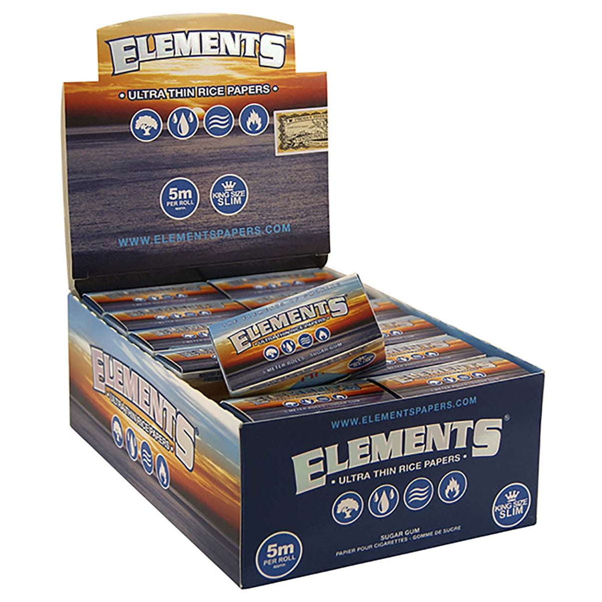ELEMENTS Rolls 5m rullapaperipakkaus avattuna, esillä erittäin ohutta, valkoista riisipaperia ja sininen ELEMENTS-logo.