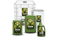 Emerald Harvest Grow -kasviravinne pullo vihreän lehvistön ympäröimänä, teksti 3-PART korostettuna.