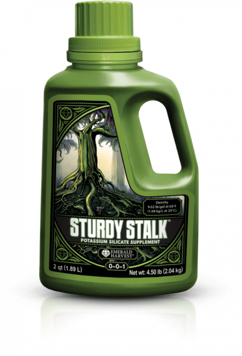 Emerald Harvest Sturdy Stalk -pullon kuva, kirkas nestemäinen kasviravinne vihreässä etiketissä, kasvin tukemiseen tarkoitettu pii-lisä