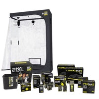 Kuva esittelee Garden High Pro Growkit 120L -telttapaketin sisäkasvatukseen, sisältäen laadukkaan teltan, LED-kasvivalon ja ilmanvaihtojärjestelmän.