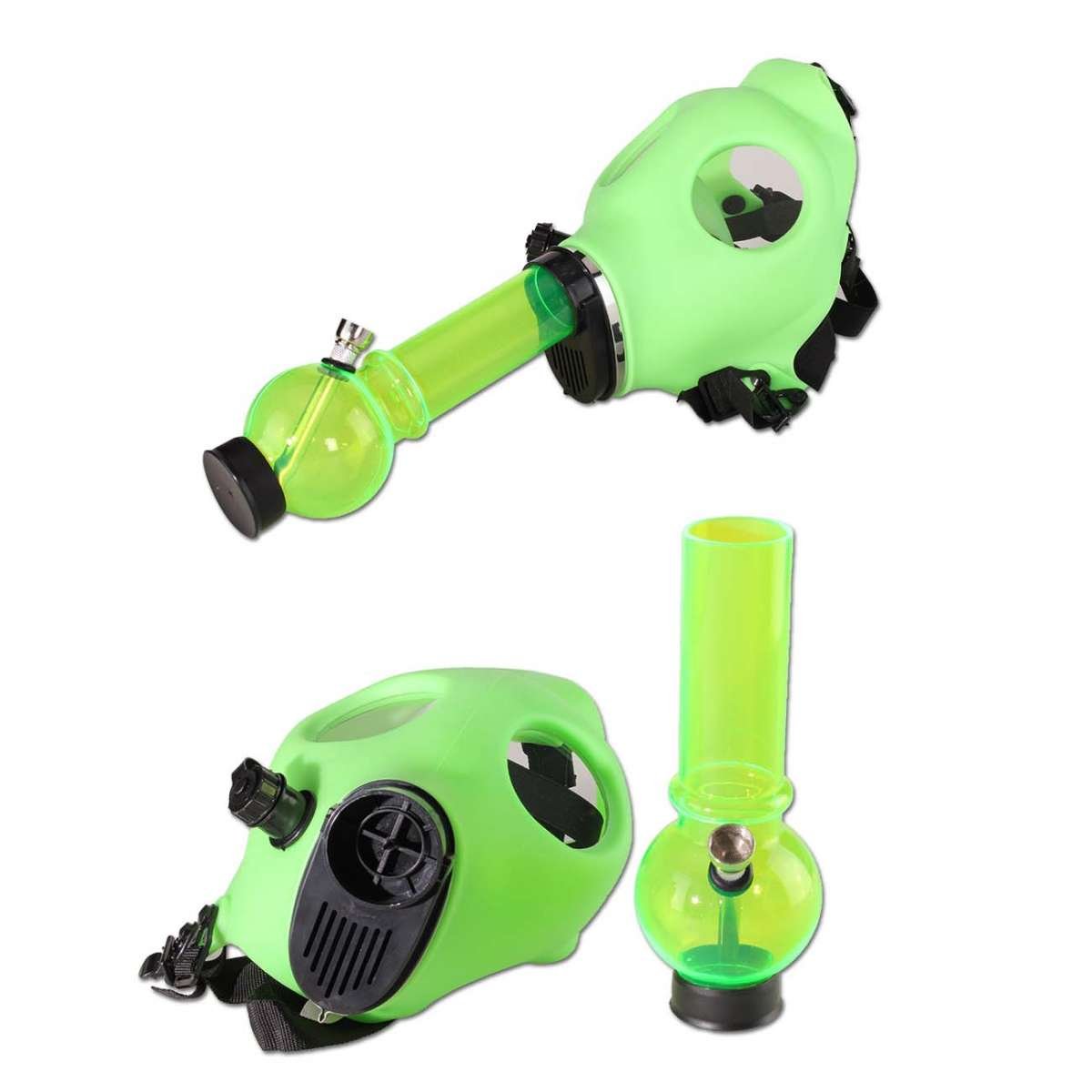 Vihreä akryylinen kaasunaamari bongi, jossa musta tiivis maski ja irrotettava, läpinäkyvä vihreä bongi-osa. Esillä valkoisella taustalla.