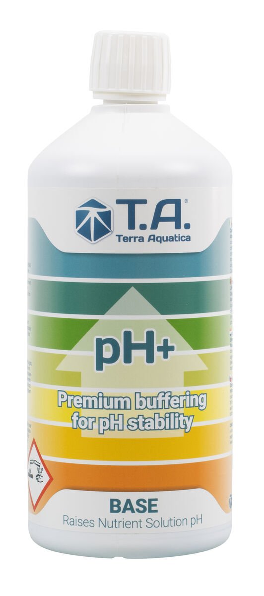 GHE pH Up -pullo kasvatusympäristössä, kasvien ja pH-mittarin vieressä, korostaen tarkkaa ravinneveden pH:n säätöä.