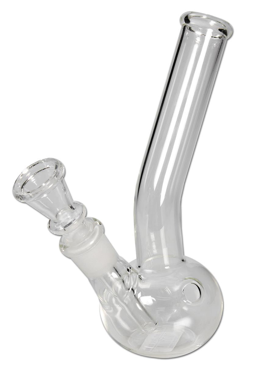 Kuva Glass Bong Mini 14.5cm -lasibongista edestäpäin, esillä sen kompakti koko ja klassinen, pyöreä vesisäiliö. Laadukas borosilikaattilasi.