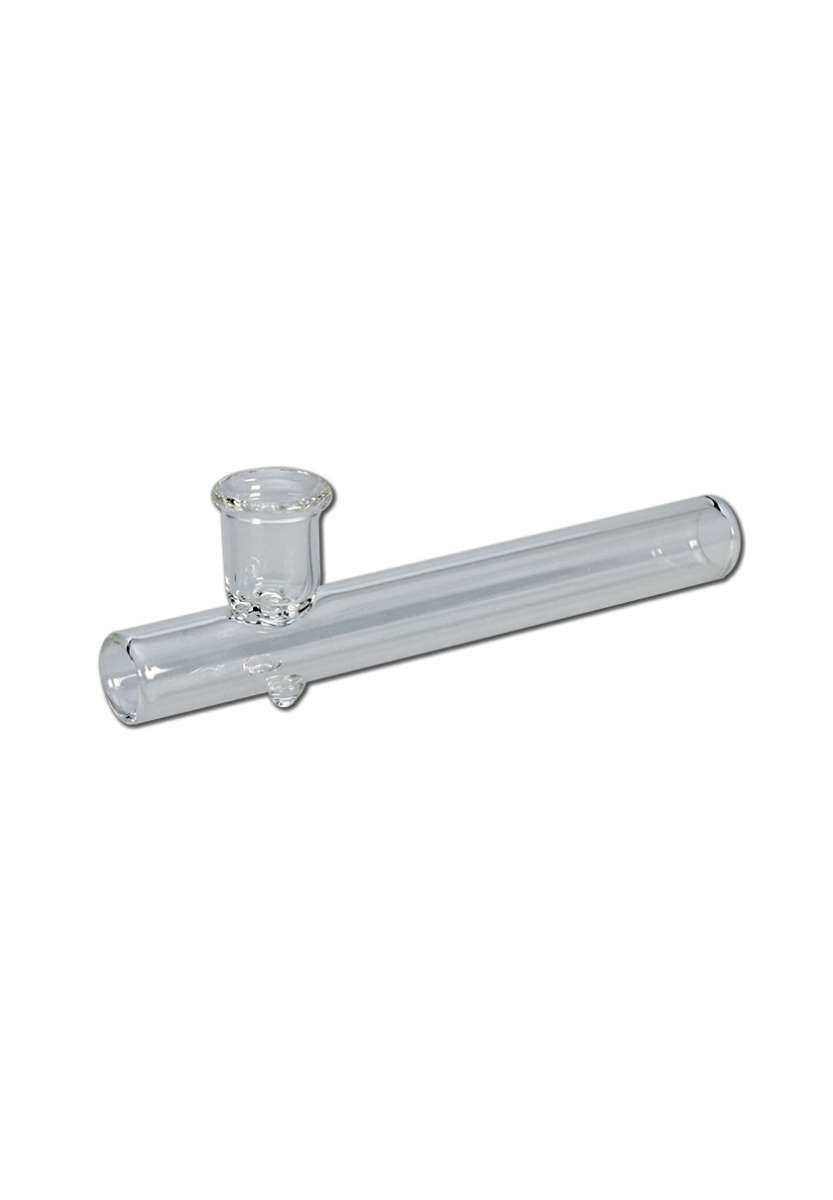 Lähikuva 100mm pitkästä, kirkkaasta borosilikaattilasista valmistetusta Shotgun-piipusta, jonka toisessa päässä on pesä ja sivulla ilma-aukko.