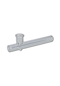 Lähikuva 100mm pitkästä, kirkkaasta borosilikaattilasista valmistetusta Shotgun-piipusta, jonka toisessa päässä on pesä ja sivulla ilma-aukko.