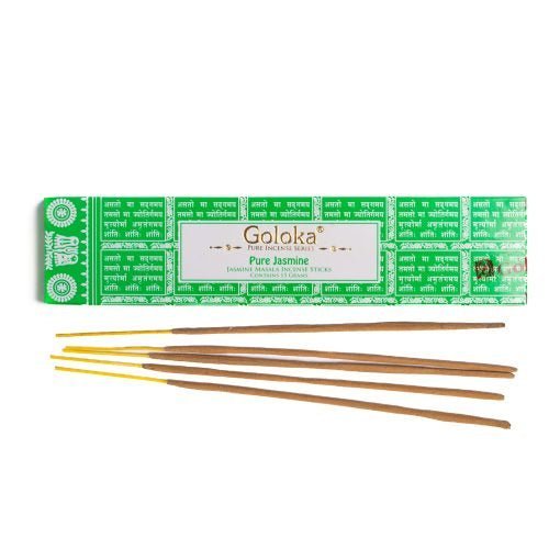 Goloka Pure Jasmine suitsukepakkaus, jossa on selkeästi kuvattu valkoisia jasmiininkukkia ja suitsuketikkkuja.