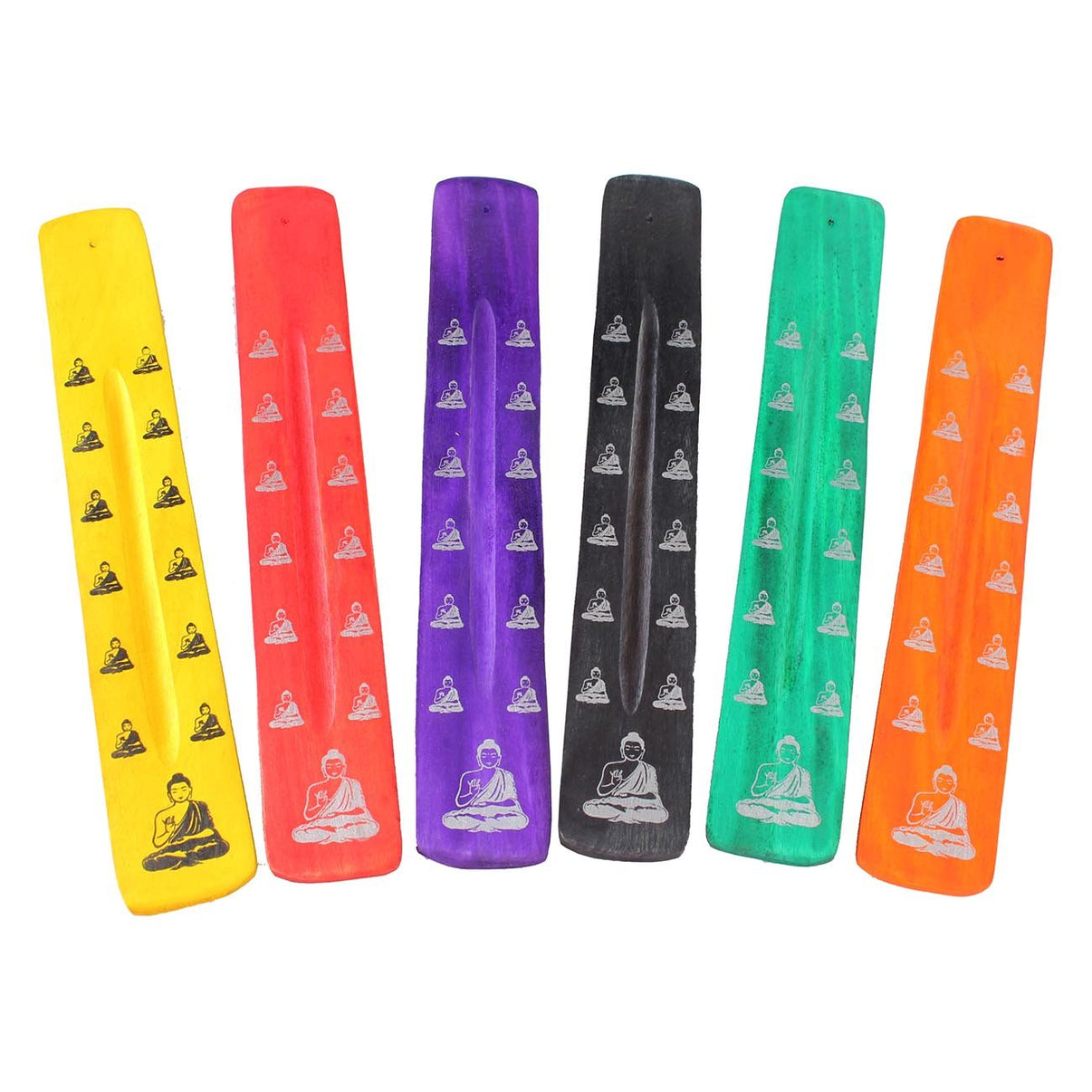 Käsin veistetty ja maalattu mangopuinen suitsuketeline, jossa Buddhan pää ja pitkä kouru tuhkan keräämiseen. Värikäs, itämainen ja yksityiskohtainen muotoilu.