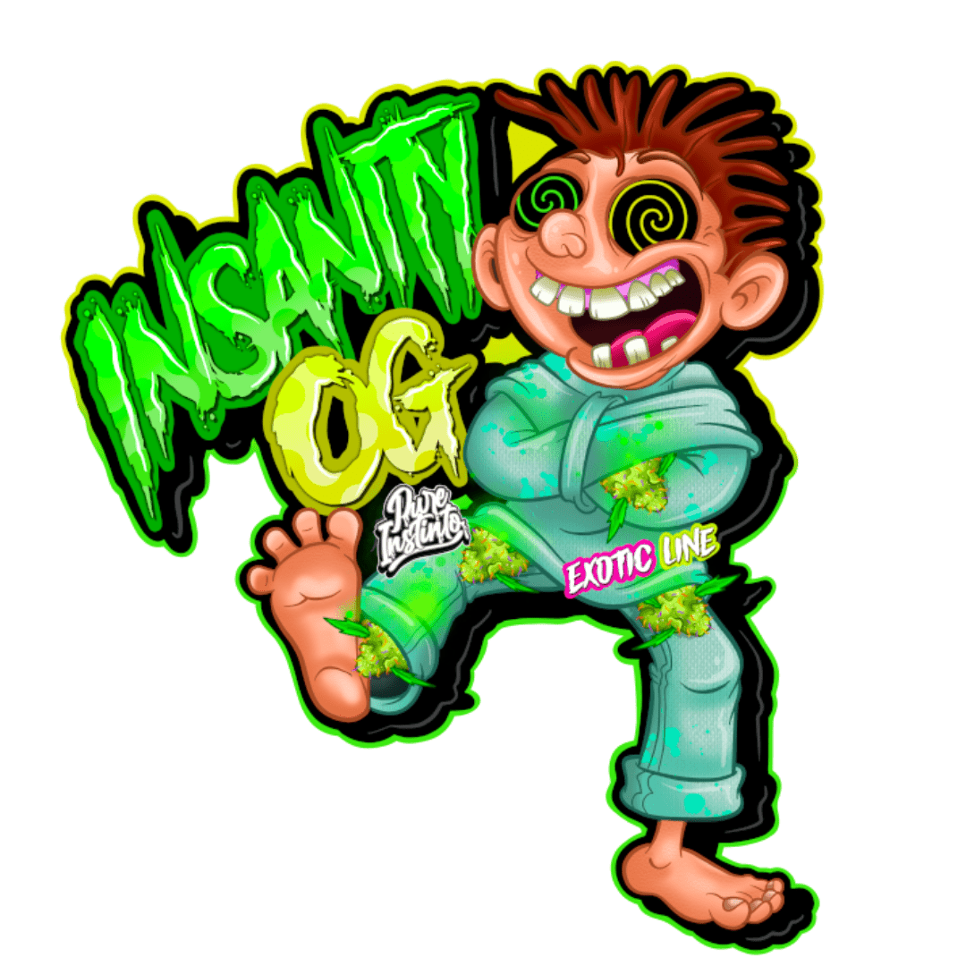 Insanity OG Pure Instinto -siemeniä kuvaava lähikuva, joka esittelee tarkasti jalostetun kasvin genetiikan potentiaalin ja yksityiskohdat kokoelmakäyttöön.