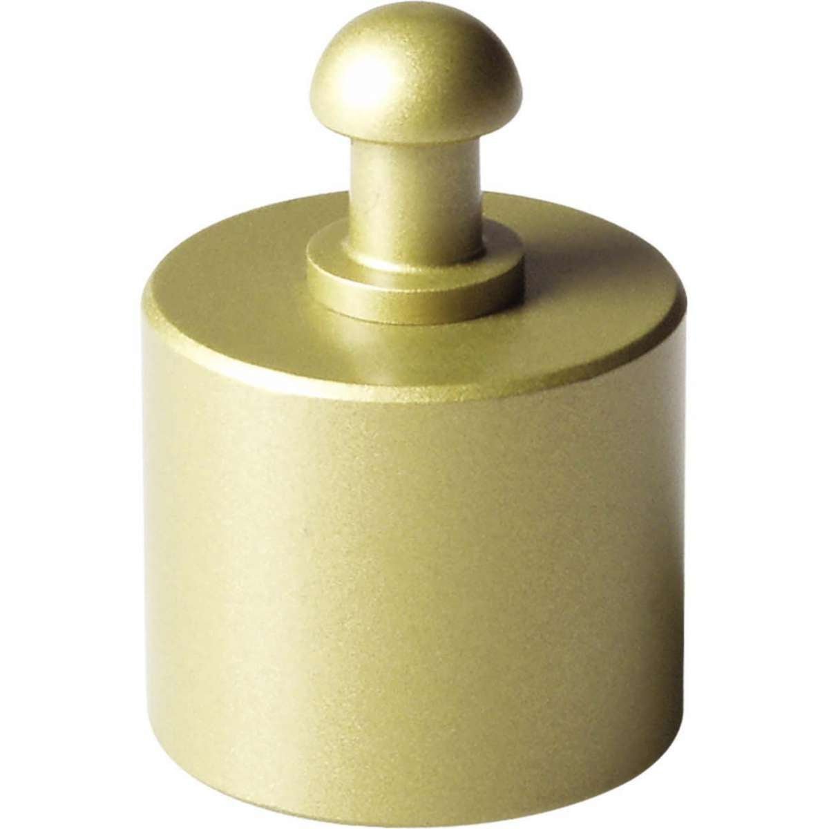 Kiiltävä, ruostumattomasta kromatusta teräksestä valmistettu lieriönmuotoinen 100g kalibrointipunnus. Punnus seisoo tukevasti vaaleaa taustaa vasten, kuvastaen tarkkuutta ja luotettavuutta.