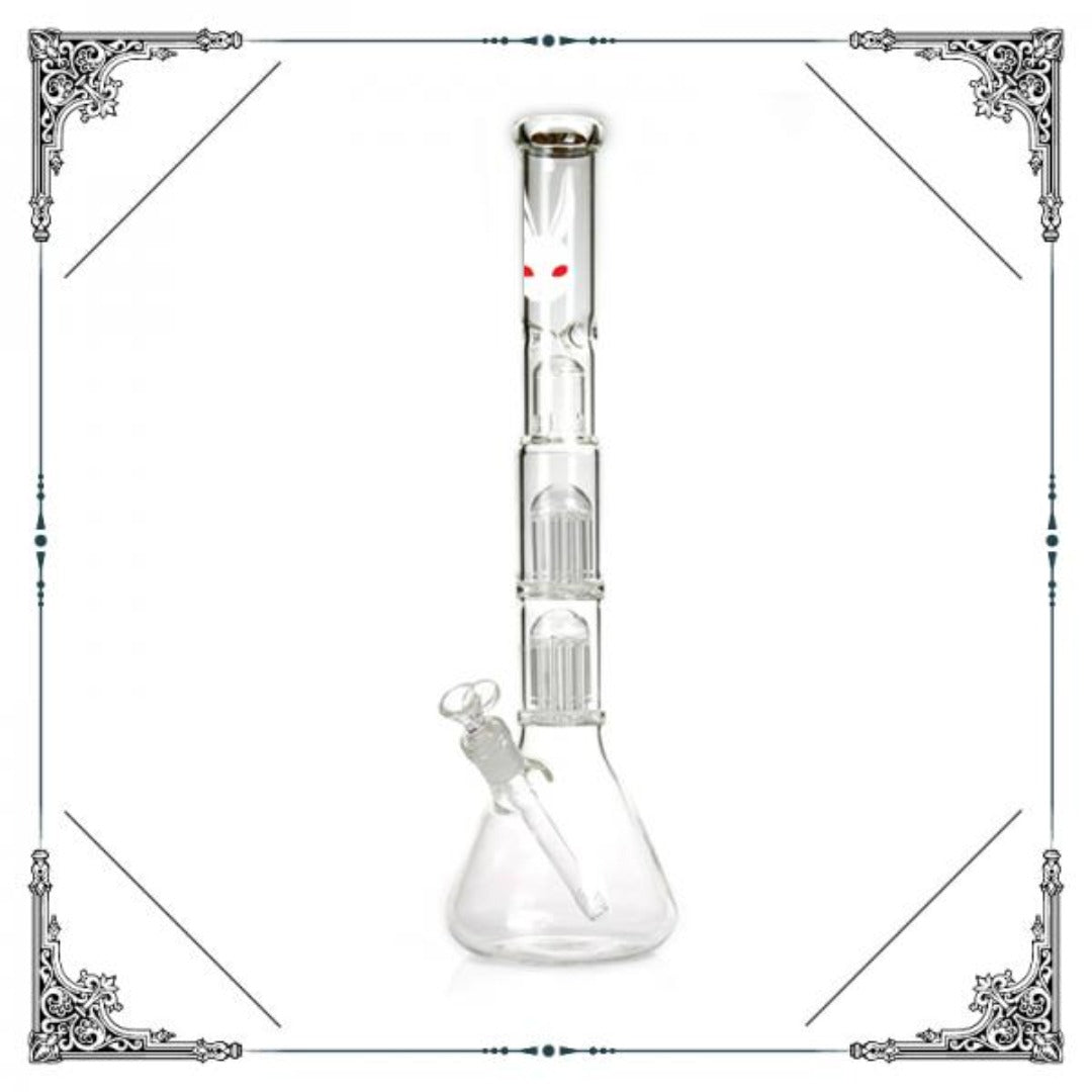 Kani Beaker 45cm korkea lasibongi, jossa on kaksi kymmenhaaraista puuperkolaattoria savun suodatukseen.