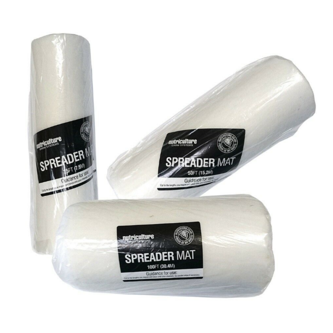 NFT-kapillaarimatto rullattuna valmiina vesiviljelyjärjestelmään. Matto on 20 cm leveä ja 7.6 m pitkä, vaaleanharmaata tai valkoista materiaalia.