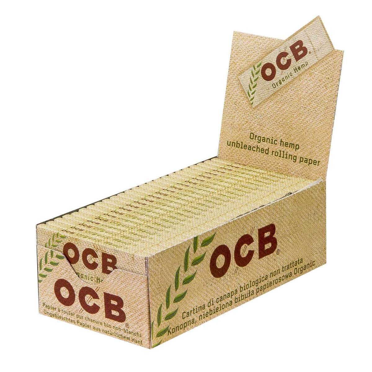 OCB Organic Hemp rullauspaperipaketti, vihreä ja ruskea, jossa luomusertifikaatin logo ja hampunlehti-kuvitus