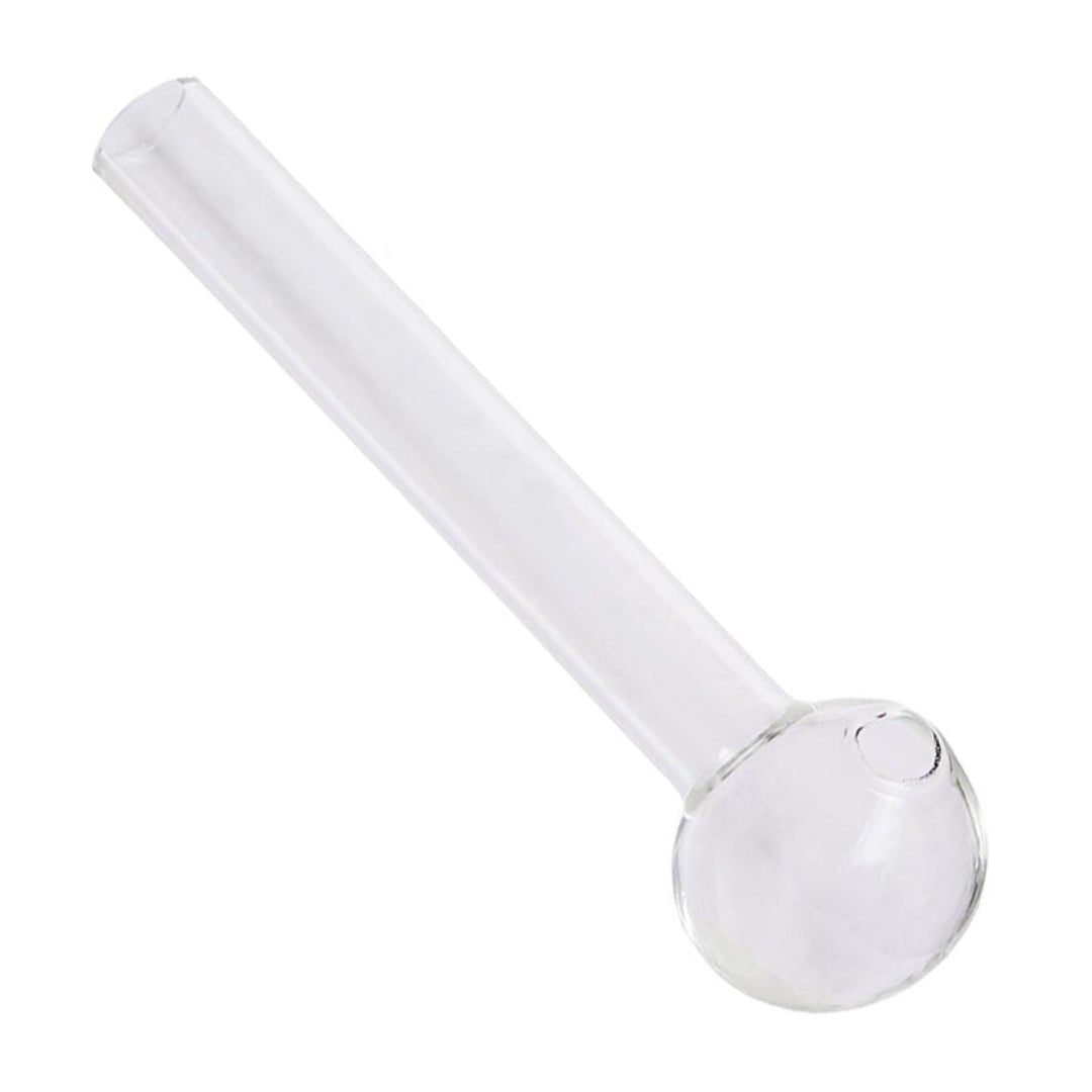 Kuvassa läpinäkyvä 10cm borosilikaattilasinen öljypiippu valkoisella taustalla, jossa näkyy sen kestävä saumaton rakenne ja tiivisteiden polttopää.