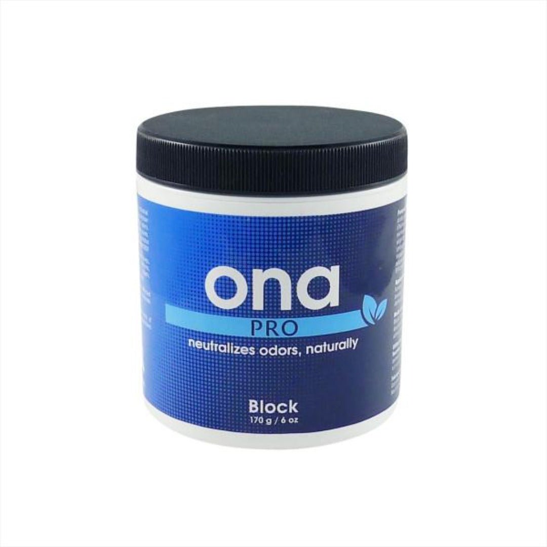 ONA Block Pro 170g hajunpoistaja sinisessä purkissa valkoisella taustalla, kannessa ONA-logo ja teksti "PRO ONA ODOR NEUTRALIZER".
