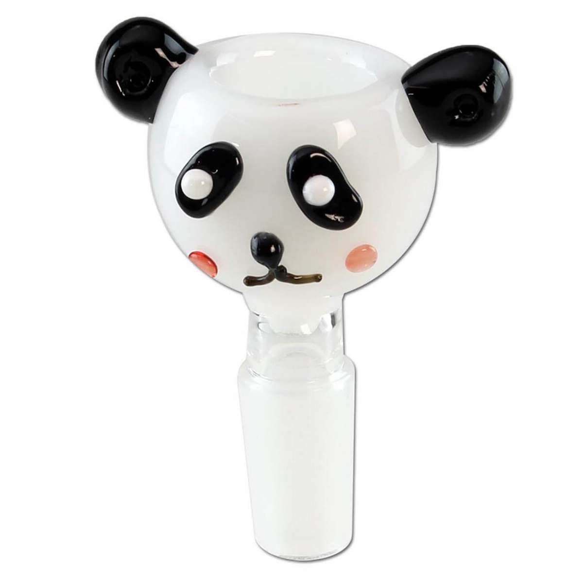 Lähikuva Black Leafin 14,5mm Panda-pesäkupista, jossa näkyy yksityiskohtainen lasinen pandahahmo ja kätevät "roll-stop" -korvat borosilikaattilasista valmistettuna.