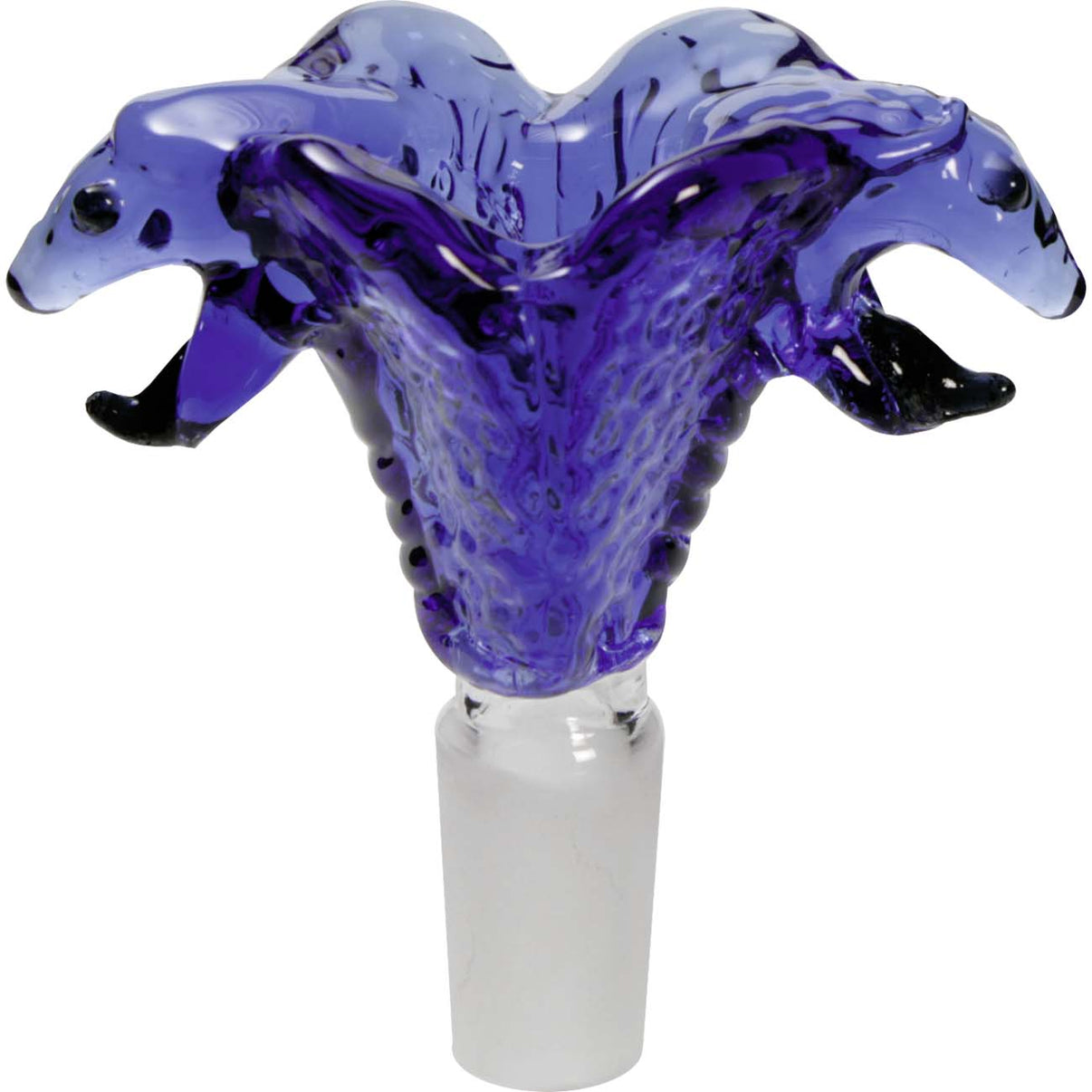 Lähikuva Black Leaf Cobra -lasipesästä, jossa näkyy yksityiskohtainen lasinen käärme ("Cobra") pesän varressa ja 14.5mm liitos. Tumma tausta korostaa lasin läpinäkyvyyttä.