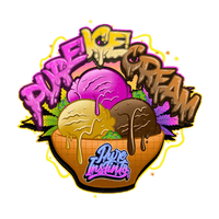 Kuva Pure Ice Cream Pure Instinto -kannabiskasvista, jossa näkyy tiheitä, hartsipäällysteisiä, purppuran ja vihreän sävyisiä kukkia lähikuvassa